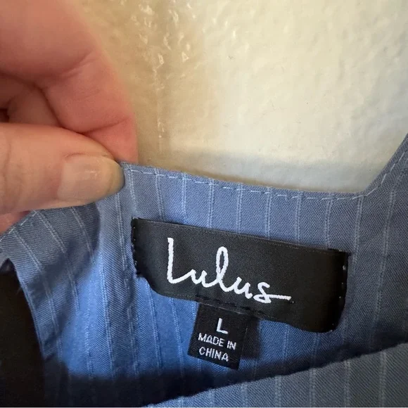 Lulus | Happy Tiers Denim Blue Striped Puff Sleeve Midi Dress - Picture 5 of 7